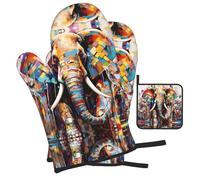 WZYWHJ Color Graffiti Elephant Picture Oven Gloves and Pot Rack 3-Piece Set Thickened Long Kitchen mitt