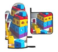 WZYWHJ Colorful Building Blocks Printing Oven Gloves and Pot Rack 3-Piece Set Thickened Long Kitchen mitt