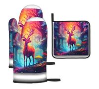 WZYWHJ Colorful elk in The Forest Picture Oven Gloves and Pot Rack 3-Piece Set Thickened Long Kitchen mitt