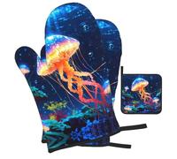 WZYWHJ Colorful Jellyfish on The Seabed Picture Oven Gloves and Pot Rack 3-Piece Set Thickened Long Kitchen mitt
