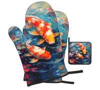 WZYWHJ Colorful koi in The Lake Picture Oven Gloves and Pot Rack 3-Piece Set Thickened Long Kitchen mitt