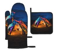 WZYWHJ Colorful Lights on The Tent Picture Oven Gloves and Pot Rack 3-Piece Set Thickened Long Kitchen mitt