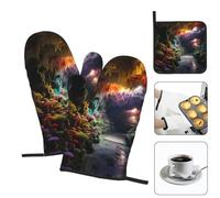 WZYWHJ Colorful Moss in The cave Picture Oven Gloves and Pot Rack 3-Piece Set Thickened Long Kitchen mitt