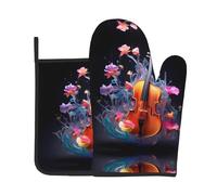 WZYWHJ Crystal Cello Printing Oven Mitts and Pot Holders Set for Cooking, Microwave, Grilling - with Lanyard Design