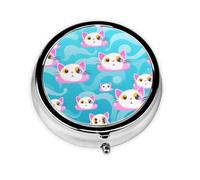 WZYWHJ Cute cat with pink ears Prints Circular medicine box storage, portable travel with compartments, mini pill dispenser