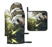 WZYWHJ Cute Panda Eating Bamboo Printing Oven Mitts Pot Holders Set of 3 - Thick, Durable, and Waterproof Fabric for Heat Protection