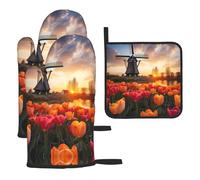 WZYWHJ Dutch Windmills Pattern Oven Gloves and Pot Rack 3-Piece Set Thickened Long Kitchen mitt