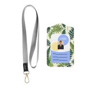 Wzywhj Encyclopedia of Ferns Printing Work Badge Protective Sheath, Leather Identification Card Cover with Detachable Hanging Rope Set