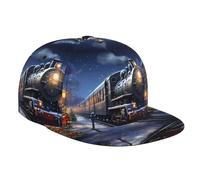 WZYWHJ Fashion Flat Brim Baseball Cap Winter Christmas Snow Night Railway Train Picture Adjustable, Breathable & Lightweight for Men & Women, Black, One Size, Black, One Size