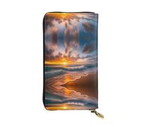Wzywhj Fashionable Women's Leather Long Clutch Wallet with Multiple Compartments and Zipper Design Beach Maui Hawaii Sunset Sea Waves Clouds Pattern