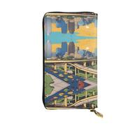 Wzywhj Fashionable Women's Leather Long Clutch Wallet with Multiple Compartments and Zipper Design Cartoon Austin Texas Prints
