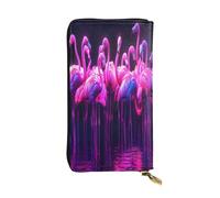 WZYWHJ Fashionable Women's Leather Long Clutch Wallet with Multiple Compartments and Zipper Design Flock of Neon Flamingos Pattern