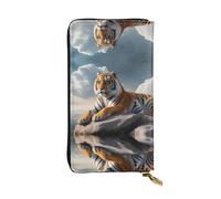 Wzywhj Fashionable Women's Leather Long Clutch Wallet with Multiple Compartments and Zipper Design Majestic Tiger Resting On A Rock with Cloudy Sky Pattern