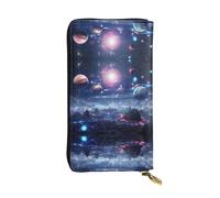 Wzywhj Fashionable Women's Leather Long Clutch Wallet with Multiple Compartments and Zipper Design Outer Space Planets Pattern
