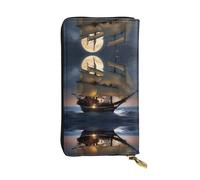Wzywhj Fashionable Women's Leather Long Clutch Wallet with Multiple Compartments and Zipper Design Pirate Sailboat Full Moon Prints