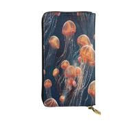 WZYWHJ Fashionable Women's Leather Long Clutch Wallet with Multiple Compartments and Zipper Design Quantum Jellyfish Swarm Pattern