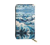 Wzywhj Fashionable Women's Leather Long Clutch Wallet with Multiple Compartments and Zipper Design Ukiyo-E Style Waves Picture