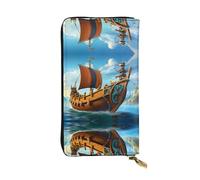 Wzywhj Fashionable Women's Leather Long Clutch Wallet with Multiple Compartments and Zipper Design Vikings Boat Pattern