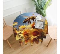 WZYWHJ flying bees daisy honey Picture Round long tablecloth anti overflow and wrinkle resistant dining table cloth 60 inches