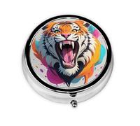 WZYWHJ Glitch Tiger Roar Printing Circular Medicine Box Storage, Portable Travel with compartments, mini Pill Dispenser
