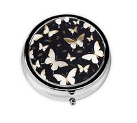 WZYWHJ Gold White Butterflies Black Pattern Circular Medicine Box Storage, Portable Travel with compartments, mini Pill Dispenser