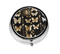 WZYWHJ Gold White Butterflies Black Prints Circular medicine box storage, portable travel with compartments, mini pill dispenser