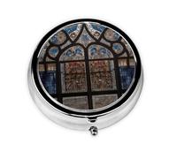 WZYWHJ Gothic Stained Glass Printing Circular Medicine Box Storage, Portable Travel with compartments, mini Pill Dispenser