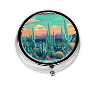 WZYWHJ Green Cactus Desert Pattern Circular Medicine Box Storage, Portable Travel with compartments, mini Pill Dispenser