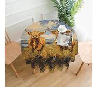 WZYWHJ Highland cows on the grassland Picture Round long tablecloth anti overflow and wrinkle resistant dining table cloth 60 inches