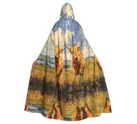 WZYWHJ Highland cows on the grassland Printing aldult Cosplay Poncho Hooded Cloak for men and women Halloween Party
