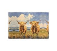 WZYWHJ Highland Cows on The Grassland Printing Placemats for Dining Table Set of 6 Table mat 12x18 in for Party Kitchen Dining Decoration Washable Easy to Clean