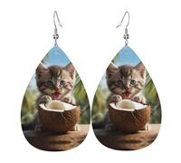 WZYWHJ Kitten drinking coconut Picture Ladies' leather earrings, simple water droplet pendant, fashionable holiday gift