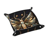 WZYWHJ Leather Storage Tray - Quality Scratch Resistant Waterproof Tray for Keys, Watches, Jewelry, and More M Golden Delicate Dragonfly on Black Background Picture