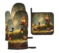 WZYWHJ Little ant and Butterfly Picture Oven Gloves and Pot Rack 3-Piece Set Thickened Long Kitchen mitt