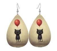 WZYWHJ Little black cat holding a balloon Picture Ladies' leather earrings, simple water droplet pendant, fashionable holiday gift
