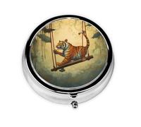 WZYWHJ Little Tiger on The Swing Printed Circular Medicine Box Storage, Portable Travel with compartments, mini Pill Dispenser