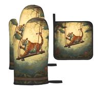 WZYWHJ Little Tiger on The Swing Printed Oven Gloves and Pot Rack 3-Piece Set Thickened Long Kitchen mitt