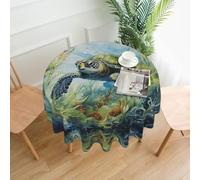 WZYWHJ Little turtle in the seaweed Printed Round long tablecloth anti overflow and wrinkle resistant dining table cloth 60 inches