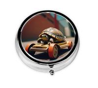 WZYWHJ Little turtle on a toy car Printed Circular medicine box storage, portable travel with compartments, mini pill dispenser