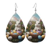 WZYWHJ Little white rabbit and Easter eggs Printing Water droplet pendant earrings, leather earrings, Women's Fashion Items