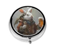 WZYWHJ Little White Rabbit Holding Beer Printed Circular Medicine Box Storage, Portable Travel with compartments, mini Pill Dispenser