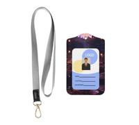 WZYWHJ Lotus Flower Purple Pattern Work Badge Protective Sheath, Leather Identification Card Cover with Detachable Hanging Rope Set
