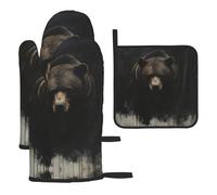 WZYWHJ Majestic Bear Printing Oven Gloves and Pot Rack 3-Piece Set Thickened Long Kitchen mitt