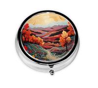 WZYWHJ Maple leaves and hills Printed Circular medicine box storage, portable travel with compartments, mini pill dispenser