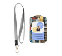 WZYWHJ Memory Fragments Pattern Work Badge Protective Sheath, Leather Identification Card Cover with Detachable Hanging Rope Set