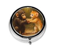 WZYWHJ Monkey and Kitten Holding Hands Printed Circular Medicine Box Storage, Portable Travel with compartments, mini Pill Dispenser