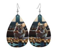 WZYWHJ Mouse eating peanuts Printing Water droplet pendant earrings, leather earrings, Women's Fashion Items