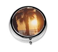 WZYWHJ Palm Trees at Sunset Pattern Circular Medicine Box Storage, Portable Travel with compartments, mini Pill Dispenser