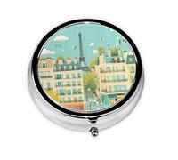 WZYWHJ Paris Street Scene Eiffel Tower Printed Circular Medicine Box Storage, Portable Travel with compartments, mini Pill Dispenser