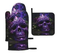 WZYWHJ Purple Floser and Sugar Horror Skull Printed Oven Gloves and Pot Rack 3-Piece Set Thickened Long Kitchen mitt